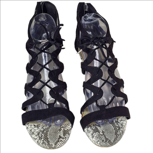 A.N.A Black Lace-up Suede Sandals With Faux Snakeskin Print Footbed,Size 9.5